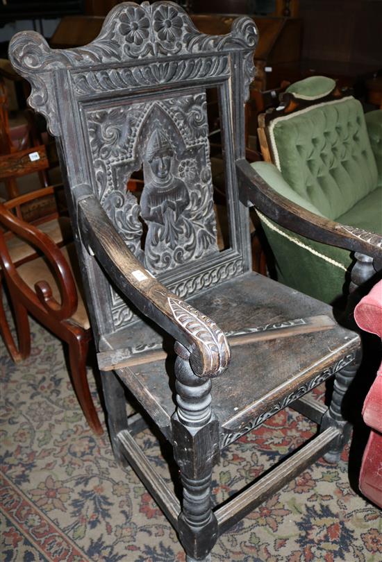 17th century style carved oak elbow chair
